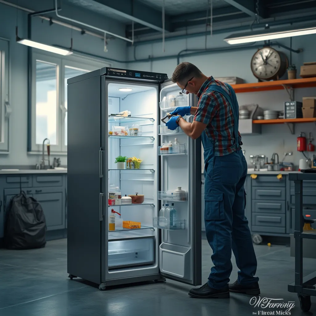 Técnico reparando frigorífico moderno