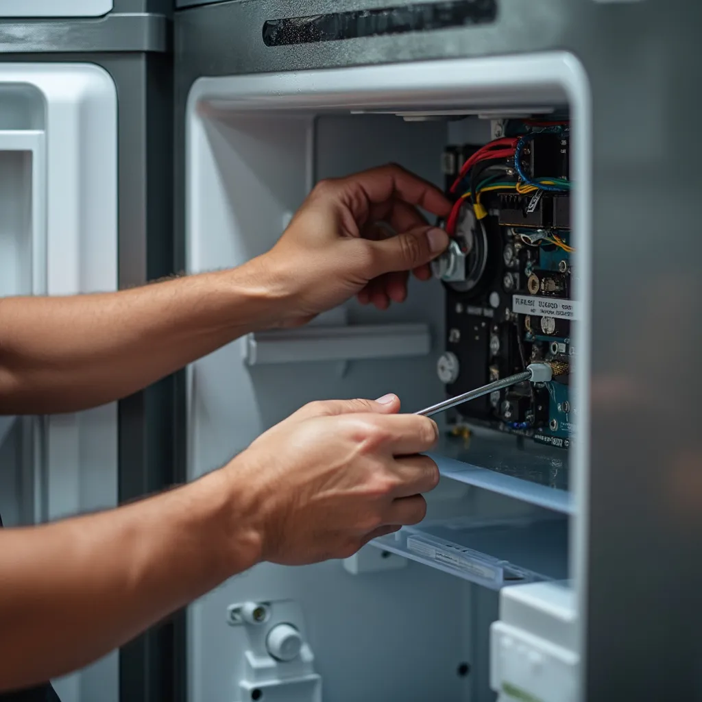 Manos de técnico ajustando componentes internos de frigorífico