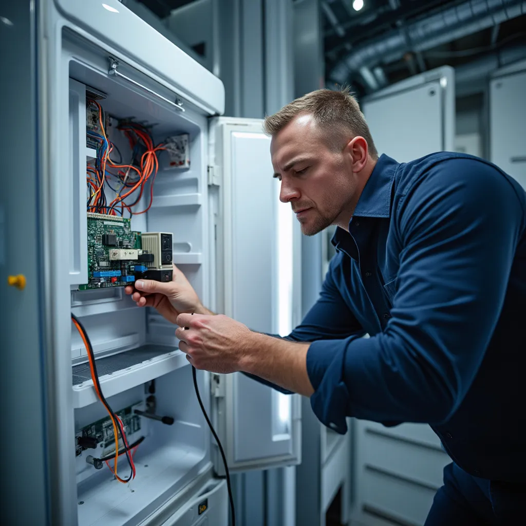 Técnica instalando circuito en frigorífico